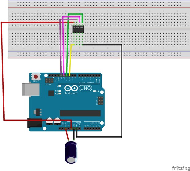 Arduino UNOとATtiny85の配線図