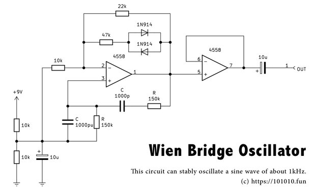 ウィーンブリッジ正弦波発振器の回路図